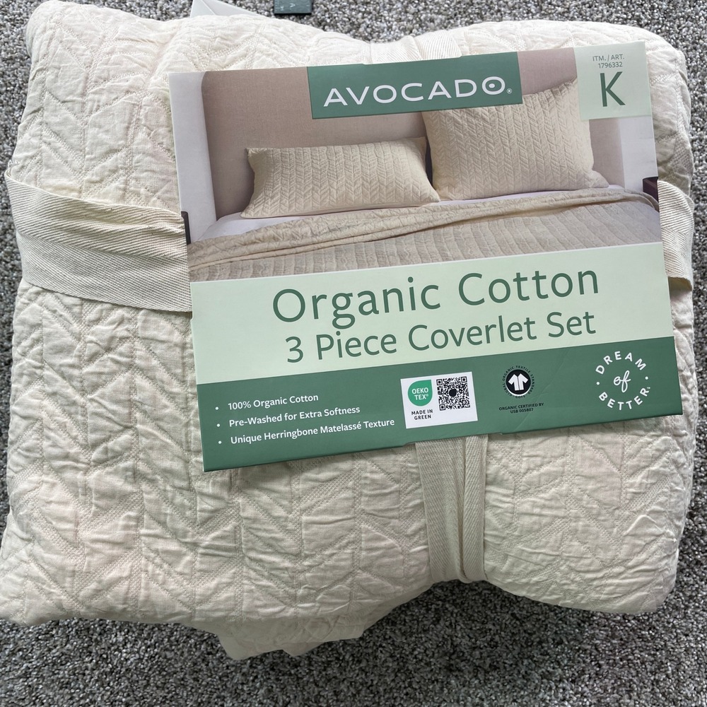 Avocado Organic Cotton 3 Piece Coverlet Set KING Cream NEW Herringbone Matelassé